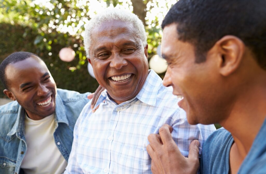 Loving family members surround a senior with dementia, each careful to use their words to foster a supportive environment