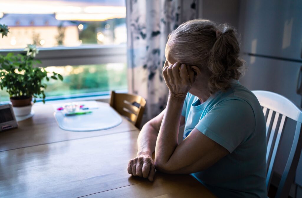 A lonely senior with dementia looks out the window of their home.