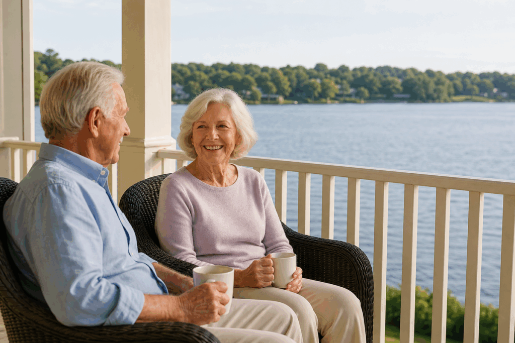 Two older adults sit in wicker chairs on a porch overlooking a lake, holding mugs and looking at each other.