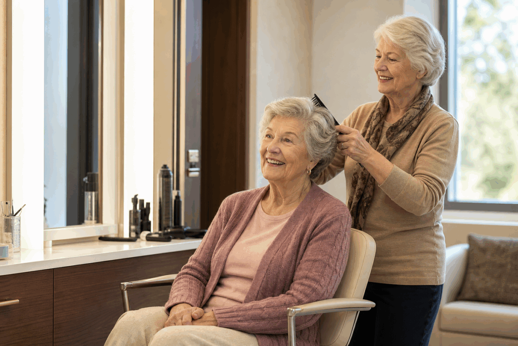 A smiling older adult stands behind a chair, combing the short grey hair of another smiling older adult seated in front of a mirror.
