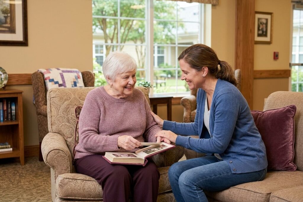 An older adult and a younger adult sit in a living room, smiling as they look at an open photo album resting on the older adult's lap.