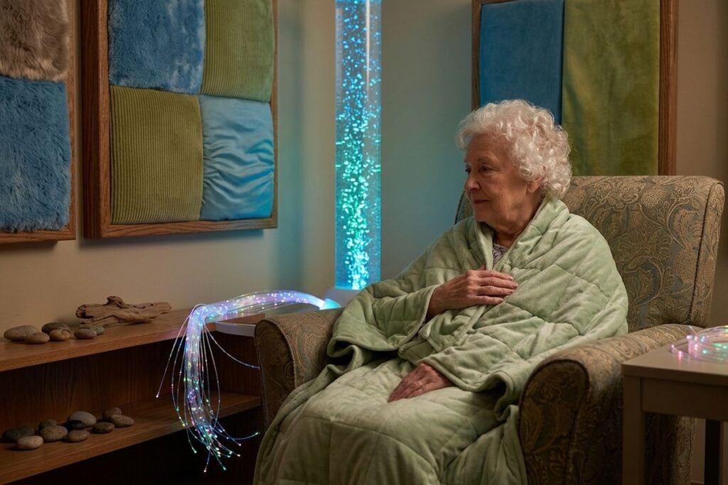 An older adult sits calmly in an armchair wrapped in a green blanket, in a room with a glowing blue bubble tube and fiber optic lights.
