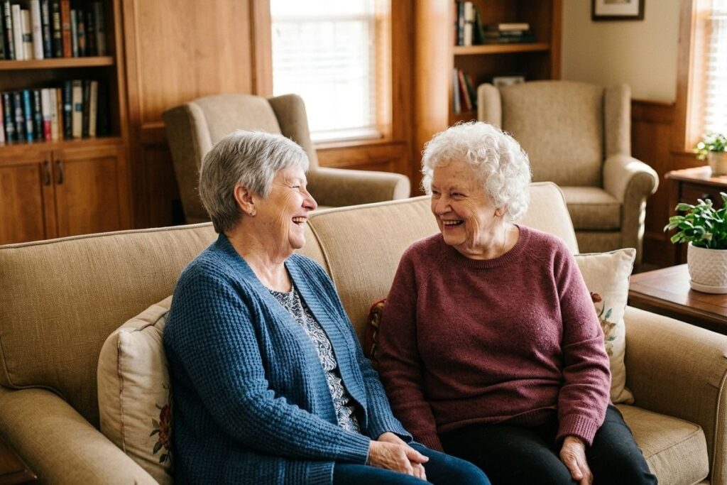 Two seniors sit on a sofa in a living room, looking at each other and laughing.