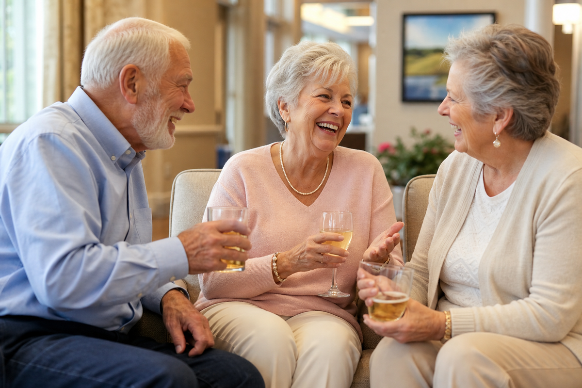 Three seniors sit together indoors, holding glasses of light-colored beverages and laughing.